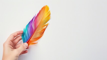 Identical colorful feather held in another hand.
