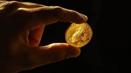 Hand holding glowing gold coin in darkness.