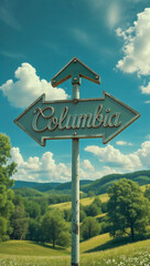 on the pole there is a direction arrow with the inscription Colombia against the background of a picturesque winter landscape 