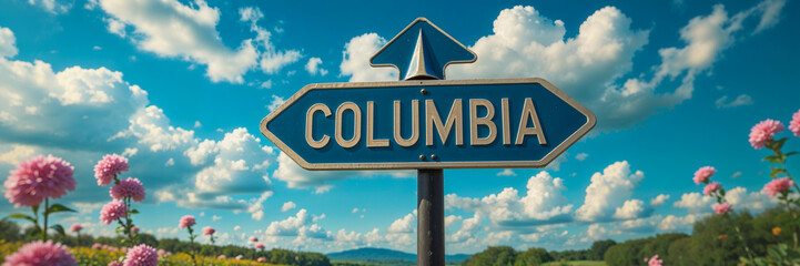 on the pole there is a direction arrow with the inscription Colombia against the background of a picturesque winter landscape 