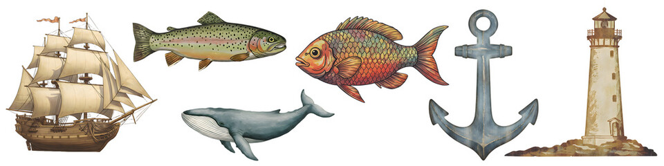 Obraz premium PNG Ocean fish whale seashell sailing ship lighthouse nautical marine vintage illustration set on transparent background