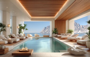 Modern minimalistic indoor pool with scenic ocean and mountain views