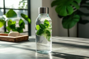 A glass water bottle filled with refreshing infused water and vibrant mint leaves is placed on a table in a well-lit room. The surrounding plants enhance the hydration theme