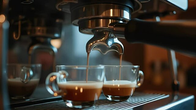 Espresso machine pouring coffee into cups