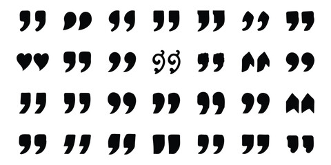 Quotation mark icon set in bold black silhouettes with various styles for text, typography, and writing use