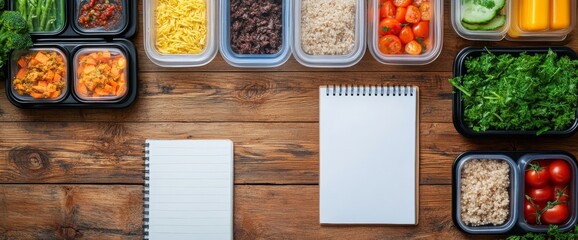 Colorful meal prep containers filled with nutritious foods are neatly laid out on a wooden table alongside an empty notepad, inviting meal planning and organization for healthy eating
