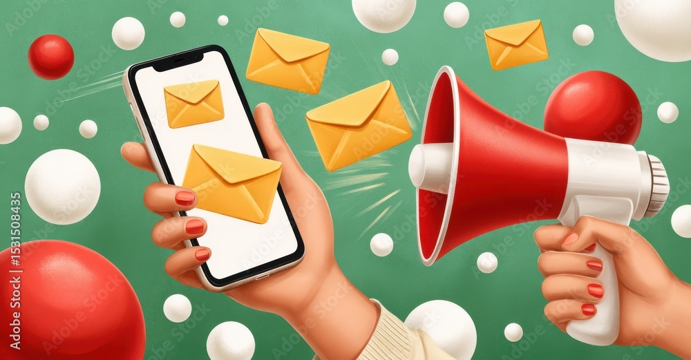 Poster woman using smartphone and loudspeaker for sending digital notifications and emails