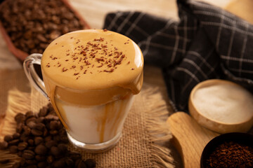 Dalgona Coffee, a cold, sweetened beverage made with milk and frothy coffee cream made with instant coffee, a trendy, refreshing, and easy recipe.