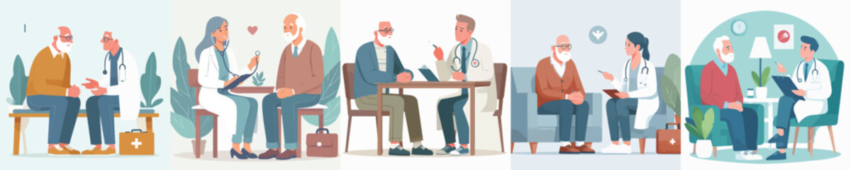 vector character grandfather talking with doctor