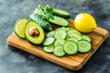 Vibrantly sliced avocado reveals its creamy texture next to fresh cucumber and a bright lemon on a wooden cutting board. This clean eating arrangement is visually appealing and healthy
