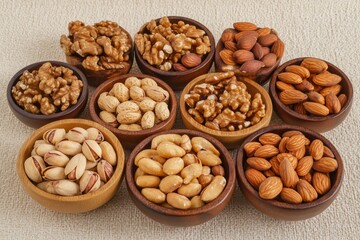 An assortment of nuts is elegantly displayed in small wooden bowls on a textured beige surface. The variety includes walnuts, almonds, and pistachios, highlighting diverse flavors and textures