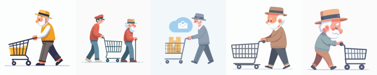 vector character of grandfather wearing hat pushing trolley