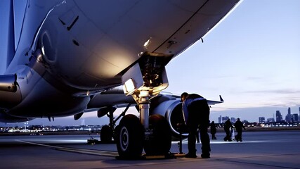 Aircraft undergoes early-morning maintenance on tarmac, with technicians ensuring its flight ready. Precision and professionalism aircraft operations, ideal for aviation, industry, and transportation