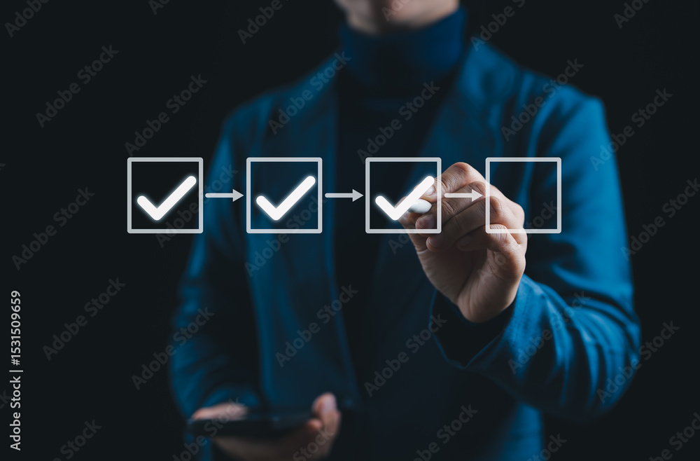 Poster Checklist Process and Quality Assurance Workflow Concept. Businessperson checks checkboxes, symbolizing task management, step-by-step processes, workflow control, quality assurance, and productivity.