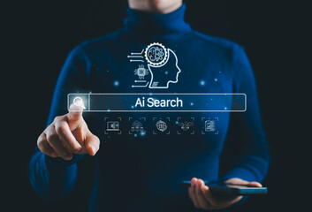 AI Search Interface and Smart Technology Concept. A person interacts with AI search bar and digital...