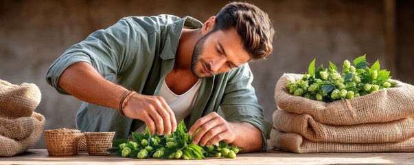 Man inspecting fresh hops at a rustic wooden table with burlap bags nearby
