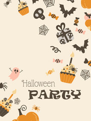Cute Halloween vertical card. Pumpkin, gifts and decoration. Hand-drawn vector illustration in flat style.