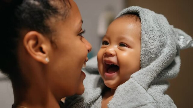 Child in mother arms, pleasure and happiness. Woman mother kisses, caresses, hugs child, holds in arms. Portrait of laughing baby kid toddler in arms of mother. Baby kid boy or girl, mom hugging baby