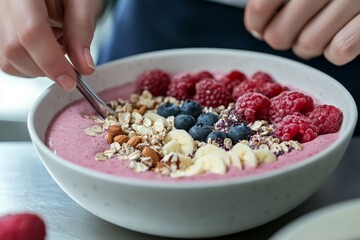 Close-up view of a nutritionist skillfully assembling a smoothie bowl. Fresh fruits like raspberries and blueberries are artfully placed on a creamy base, promoting healthy eating habits