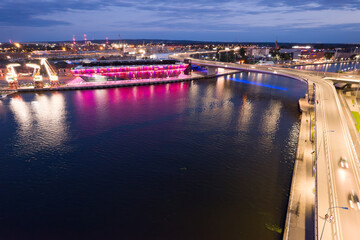 Szczecin Maritime Science Center on the Oder River: Illuminated Night View. Szczecin Poland.