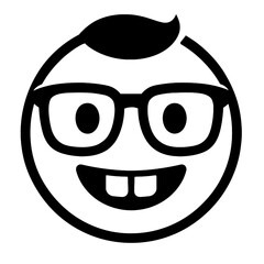 Simple Black and White Nerd Emoji Icon - Geeky Smiling Face with Glasses