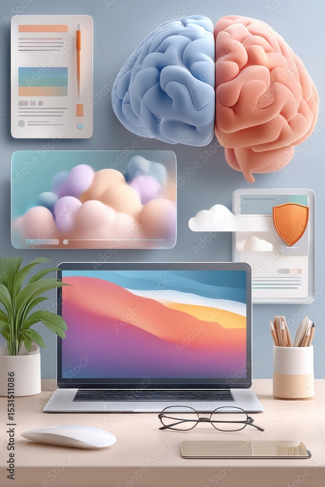 Poster modern workspace with symbolic brain technology and security elements