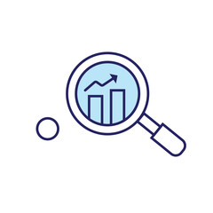 Analytics icon with a magnifying glass over a graph representing data analysis and insights highlighting