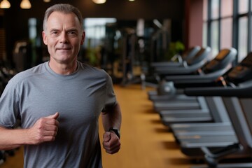 Senior man runs on a treadmill in a modern gym, showcasing determination and a commitment to fitness during a daytime workout in high resolution