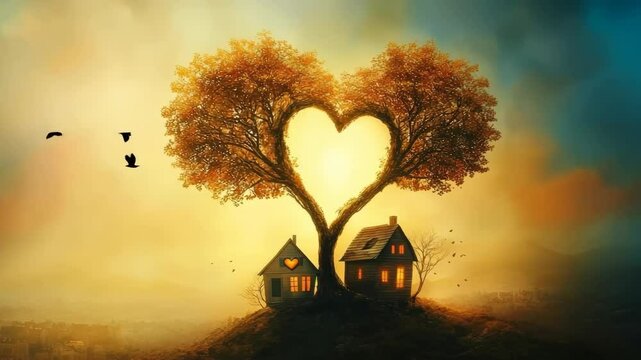 A tree with a heart shape in the middle of it. The tree is surrounded by two houses. The houses are small and have a cozy feel to them. The scene is peaceful and serene, with the tree