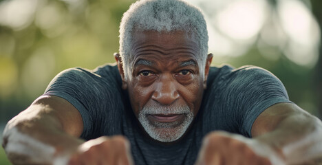 A senior man stretches his legs intently, preparing for a run in a park. His determined expression and well-defined muscles indicate his commitment to fitness. The sun shines softly in the background