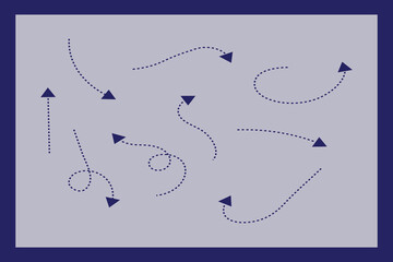 Dashed arrow set. Vector doodle dot line. Dotted hand drawn arrow. Doodle arrows of various shapes and directions