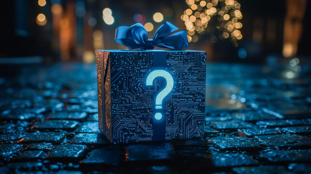 Futuristic gift box with digital circuit design and illuminated question mark on a wet cobblestone surface at night