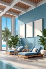 Modern lounge area with poolside seating and blank frames on blue wall