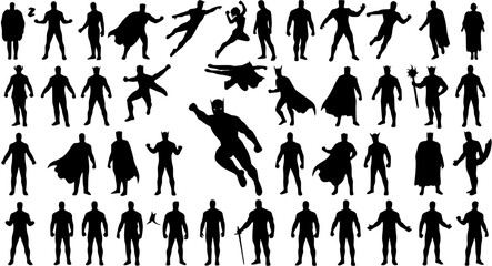 Super hero comic book silhouettes set, large pack of vector silhouette design, isolated white background
