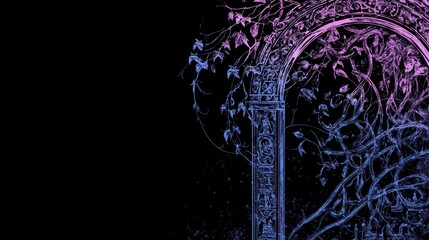 Naklejka premium Intricate archway, adorned with stylized foliage, in cool purple and blue hues, against a black backdrop