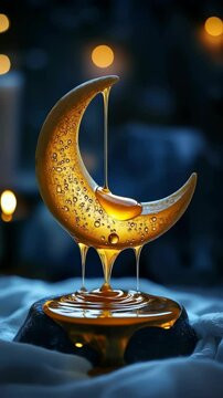 A small, golden moon with a drizzle of honey on it. The honey is dripping down the side of the moon, creating a sense of movement and life. The image evokes a feeling of warmth and sweetness