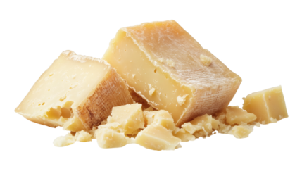 Chunk of aged pecorino cheese with visible rind isolated on white background 