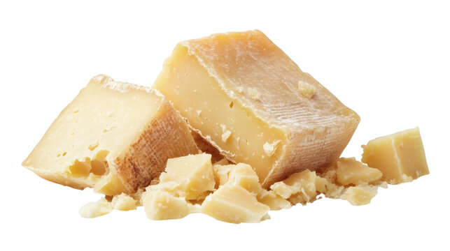 Chunk of aged pecorino cheese with visible rind isolated on white background 