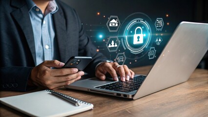 Modern cybersecurity concept, businessman entering password on smartphone, emphasizing encrypted data, internet privacy, secure login and digital protection. 
