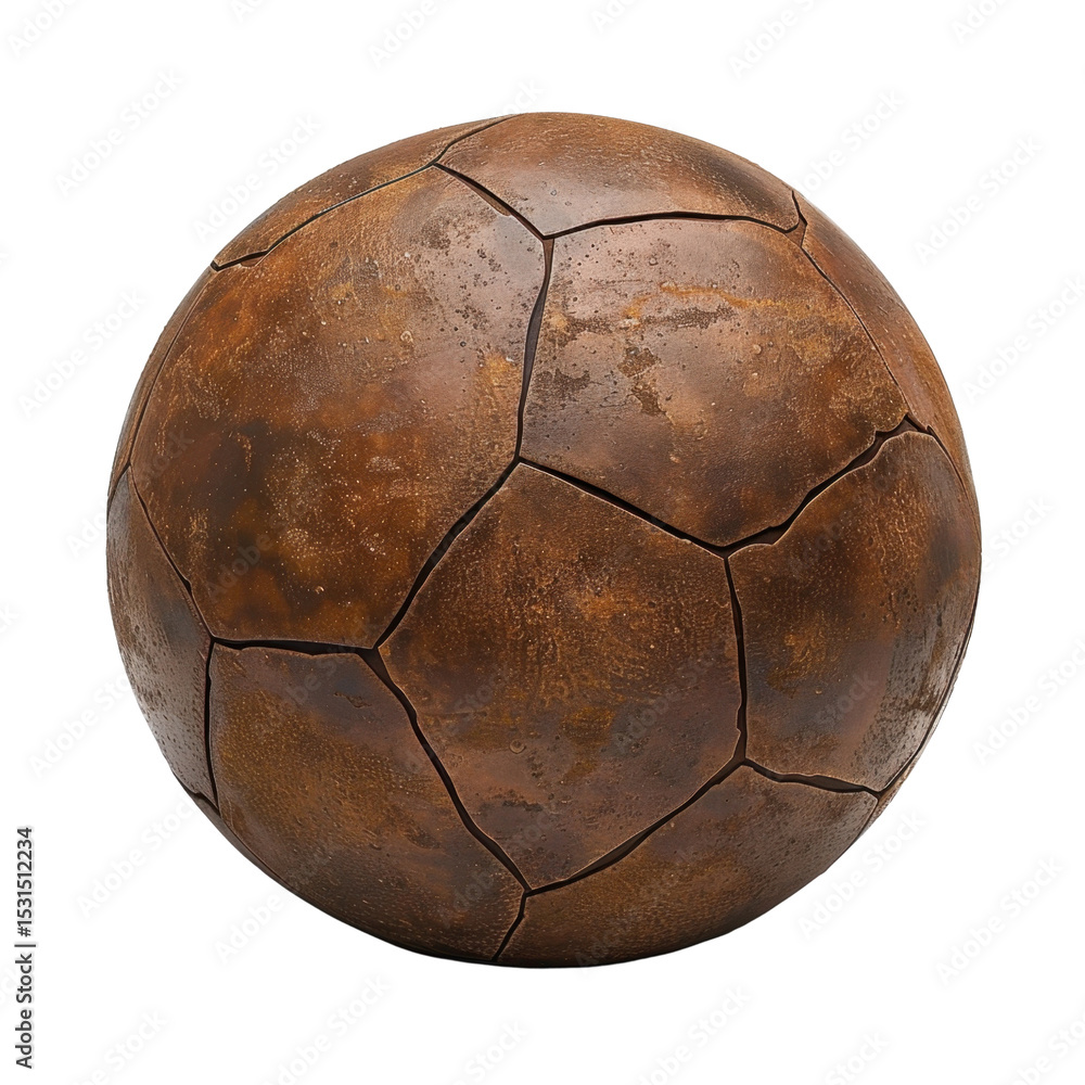 Poster textured, worn soccer ball with rustic appearance, featuring visible cracks and weathered surface th