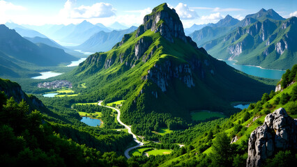 Aerial View of Majestic Mountain Landscape with Winding Road, Lush Green Forest, Blue Lakes, and Serene Valley under Clear Sky in Summer.