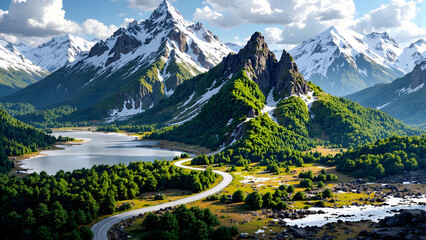 Aerial View of Majestic Mountain Landscape with Winding Road, Lush Green Forest along with Snowy Mountain, Blue Lakes, and Serene Valley under Clear Sky in Summer.