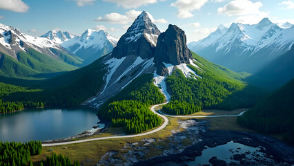Aerial View of Majestic Mountain Landscape with Winding Road, Lush Green Forest along with Snowy Mountain, Blue Lakes, and Serene Valley under Clear Sky in Summer.