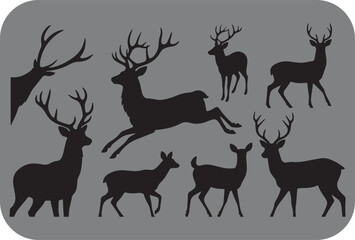 Fototapeta premium Collection of black silhouette deer illustrations various poses and antlers