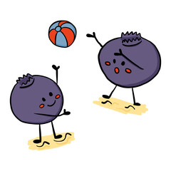 Two playful blueberry characters tossing a beach ball on sand in kawaii style. Concept expresses summer fun, friendship and joyful outdoor activity