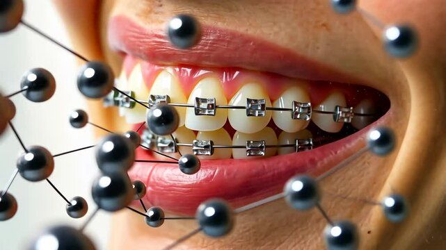 Braces dental, Orthodontic care, Teeth alignment. Oral health. Brackets tighten for better bite. Aligners ensure proper tooth position. Orthodontics improves smile aesthetics.
