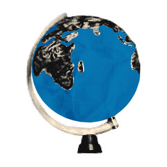 Trendy halftone collage cut out element. Physical globe of planet Earth with blue ocean paper clipping. Educational concept, geography, back to school. Modern retro mixed media vector illustration