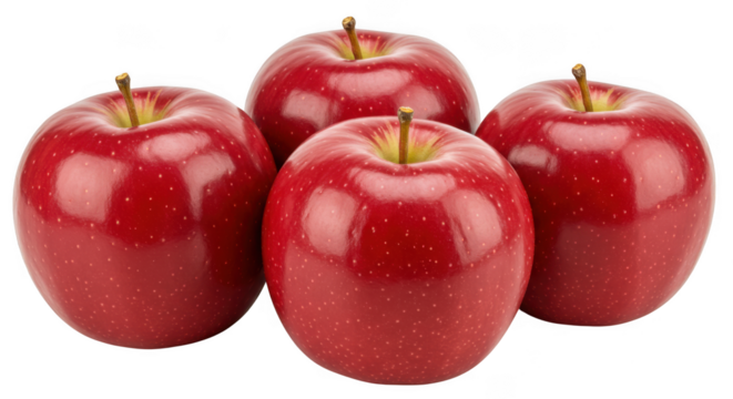 Four red apples cluster isolated on transparent background