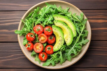 A top view displays a fresh salad featuring vibrant cherry tomatoes and creamy avocado slices on a bed of arugula. The wooden table adds a rustic touch to the healthy meal
