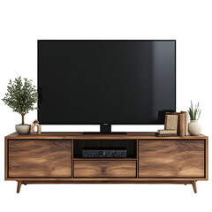 Modern wooden TV console with large flat screen television surrounded by books plants and stylish decor in minimalist home interior